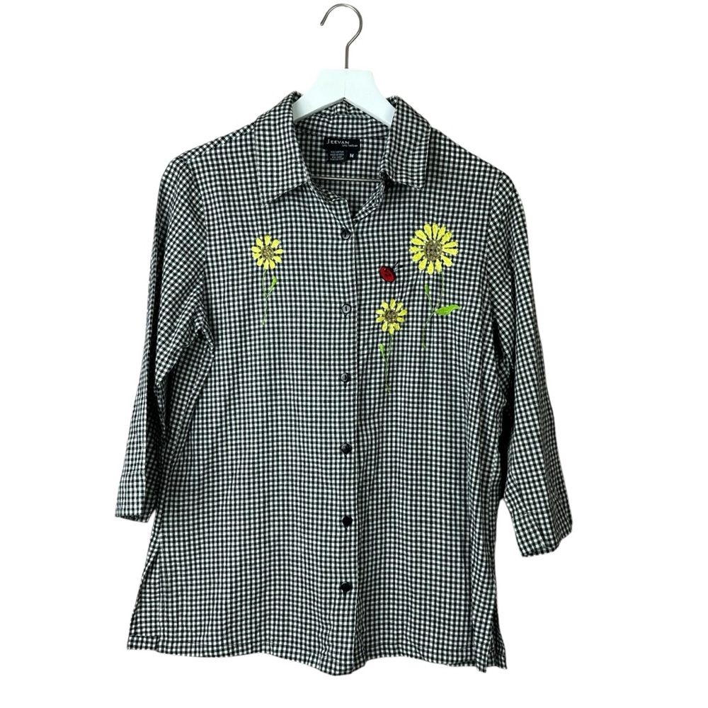 Jeevan Black And White Checkered Shirt Sunflower Embroidery Women Sz M